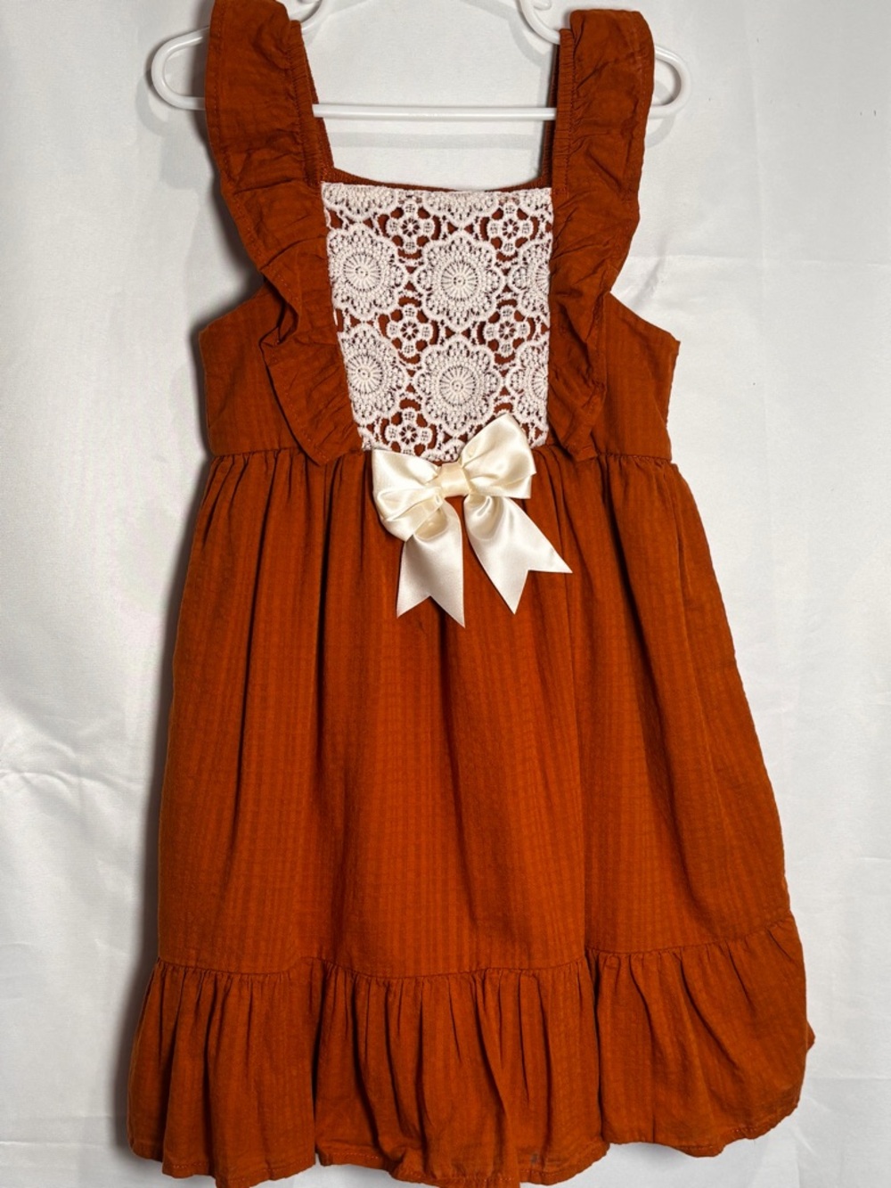 Girls Rust Orange Ruffled Dress with Lace and Bow